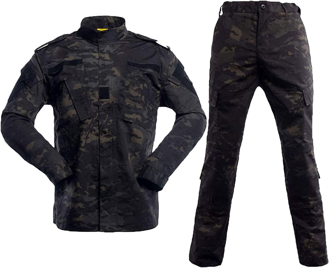 LANBAOSI Men's Tactical Jacket and Pants Military Camo Hunting ACU Uniform 2PC Set Army Multicam Apparel