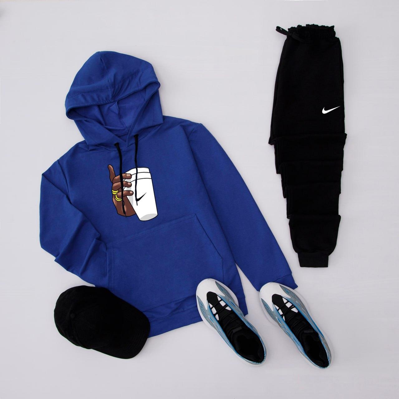 Спортивний костюм чоловічий Nike весняний осінній літній синій-чорний комплект кофта штани бейсболка найк, фото 1