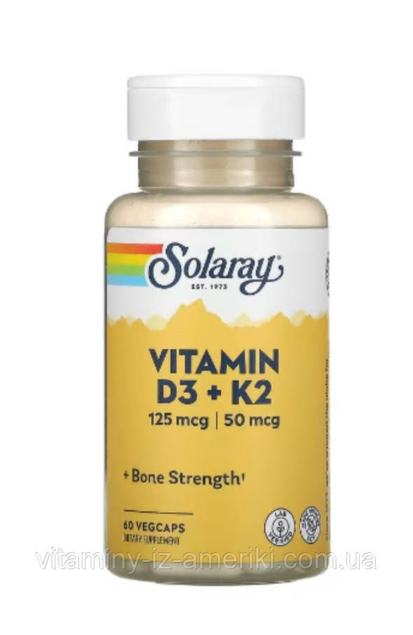 Вітамін Д3 та К2 дорослим у веганських капсулах (50мкг/5000МО), Vitamin D3 + К2, Solaray, 60 капсул