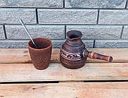 Подарунковий набір для кави - Керамічна гончарна турка, Чашка та Ложечка з довгою ручкою