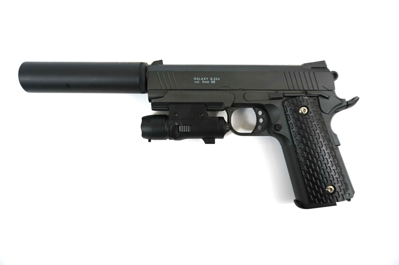 Страйкбольний пістолет Galaxy G.25A (Colt 1911 Rail) 
з ЛЦУ і глушником
