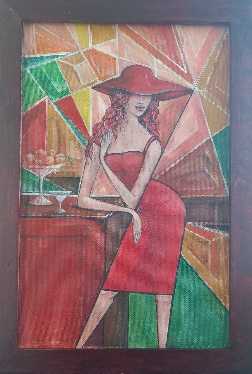Картина "Дівчина в червоному" — авторська робота, розмір 63/44, на оргаліті, акриловий розпис