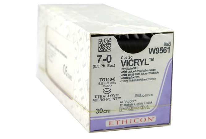 Хірургічна нитка Ethicon Вікрил (Vicryl) 7/0, довжина 30 см, 2 голки шпателі 6,5 мм, W9561