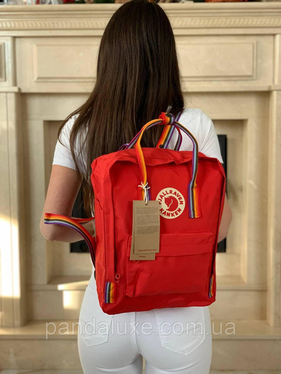 Рюкзак стильний канкен Fjallraven Kanken Rainbow 16л червоний з різнокольоровими (райдужними) ручками