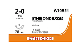 Хірургічна нитка Ethicon Етибонд Ексель (Ethibond Excel) 2/0, PTFE 10 шт по 75 см, 2 кільк. голки 17 мм W10B54