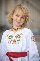 Сорочка дитяча лляна біла «Борщівська» для дівчинки з квітковою вишивкою