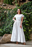 Сукня жіноча довга лляна біла з білою вишивкою "Kniahynia" з коротким рукавом