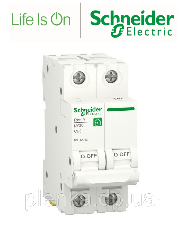 Автоматичний вимикач 2P, 63A, C, 6kA Schneider Electric Resi9, R9F12263
