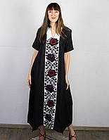 Сукня довга чорна лляна "Чорні троянди" з ручною вишивкою короткий рукав