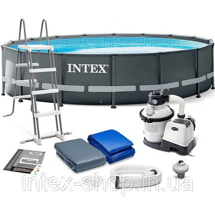 Каркасний басейн Intex 26340 (732x132 см ) (Пісочний фільтр-насос 8000 л/год, драбина, тент, підстилка), фото 1