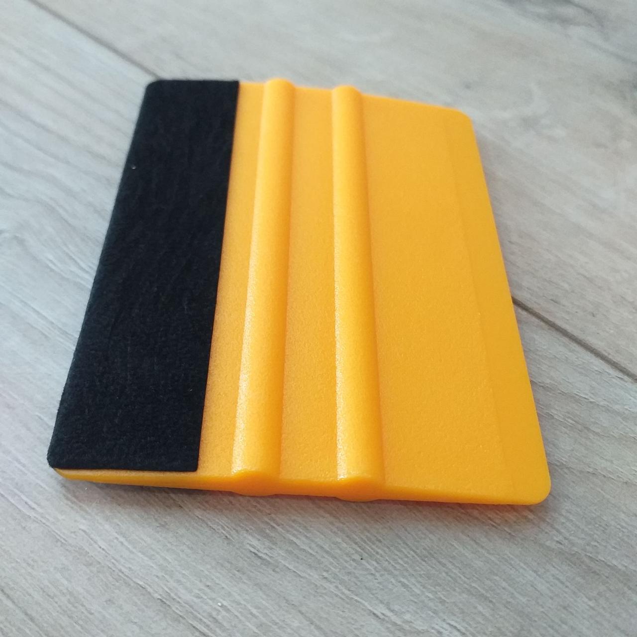 Ракель комбінований з мікрофіброю для клеєння плівки на авто 75х100 мм Аплікатор Вигонка Жовтий (KG-6605), фото 1