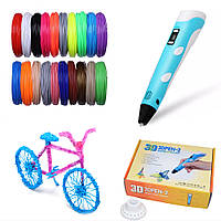 3D Ручка с пластиком 20 цветов Набор 3Д ручка 2 поколения Pen 2 с дисплеем LCD Голубая Для детей
