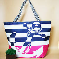 Сумка пляжна жіноча тканинна літня з морським принтом Якір еко сумка для покупок шоппер тканинний рожевий