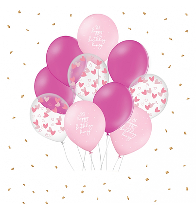 Фонтан з 10 кульок Happy Birthday Honey | Малиновий з серцями, фото 1