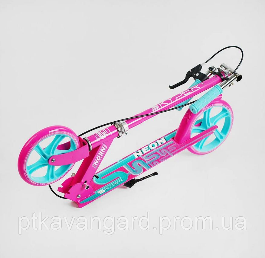 Детский самокат для девочек 5-10 лет Розовый с бирюзовыми колесами Skyper Neon, двухколесный, ручной тормоз - фото 2 - id-p1772142836