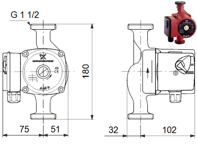 Циркуляционный насос GRUNDFOS UPS 25-40 180 1 x 220 V_Циркуляционный насос GRUNDFOS UPS 25-40 180мм_GRUNDFOS UPS 25-40 180