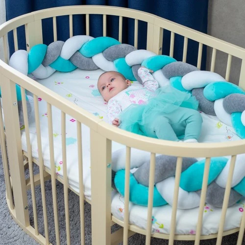 Бортик у ліжечко Хатка Косичка Білий-Сірий-М'ятний 120 см (одна сторона ліжечка)