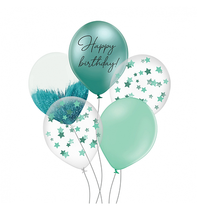 Фонтан з 5 кульок Happy Birthday | Аквамарин із зірочками, фото 1