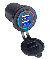 Адаптер встраиваемый в авто/мото USB 5v 2.1A и USB 5v 1A прикуриватель 54x37 мм Синяя подсветка