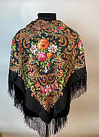 Черный платок в народном стиле "Букет цветов" М05, (120х120)
