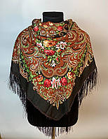 Коричневый платок в народном стиле "Букет цветов" М07, (120х120)