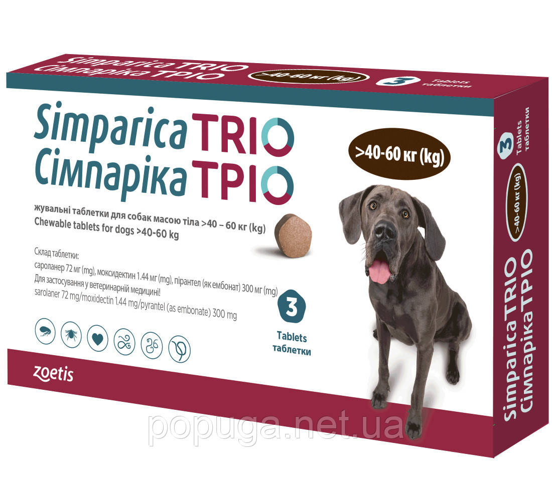 Zoetis (Зоетис) Simparica Trio таблетки від бліх, кліщів та гельмінтів для собак40-60кг (1табл.), фото 1