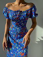 Романтическое платье миди с открытыми плечами и резинкой на груди приталенное (р. 42-46) 77PL5135