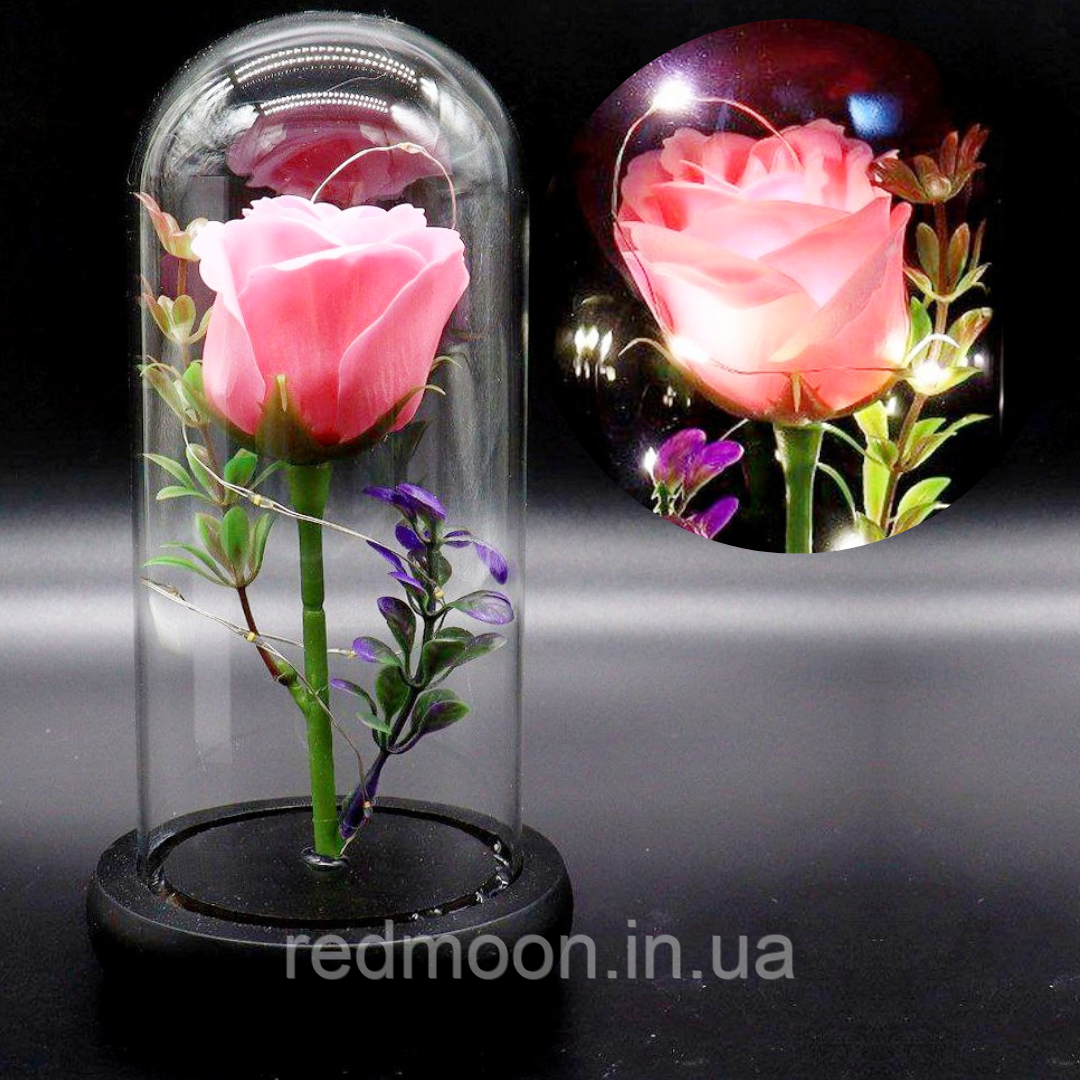 Вічна троянда в колбі 20 см, з LED підсвічуванням, Рожева, №А51 / Стабілізована троянда в скляній колбі