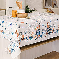 Великодня льняна скатертина бавовняна 110*150 см на обідній стіл "Зайчики"