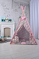 Повний набір Вігвам з Єдинорогами для дівчинки з м'яким килимком подушечками "Єдинороги з рожевими зірочками", фото 4