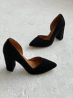 Женские черные туфли натуральная замша на каблуке