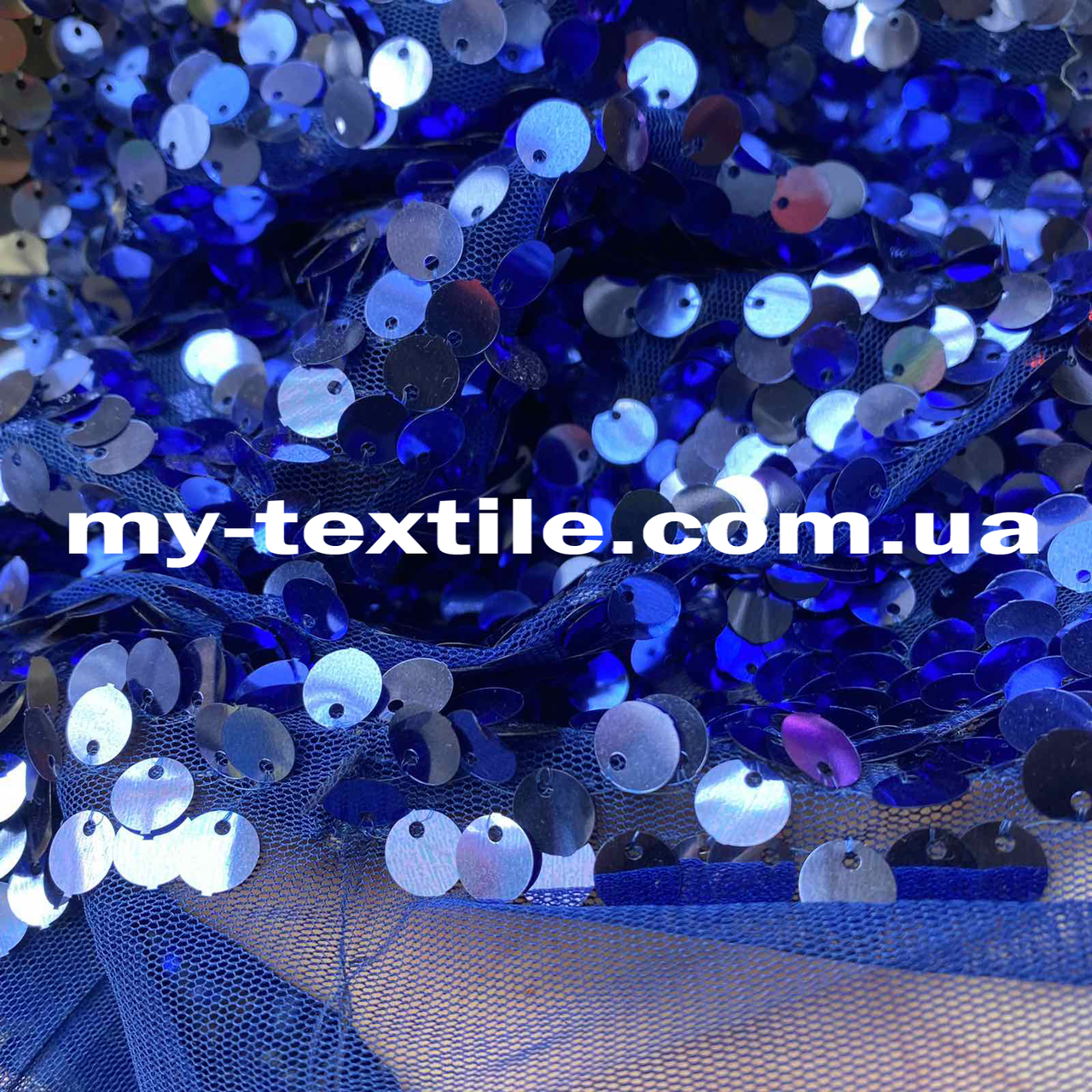 Паєтка з вабливими кружечками 0.8 см на стрейч сітці 140 см Синій, фото 1
