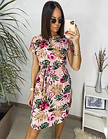 Красива літня сукня жіноча з коротким рукавом тропік листя рожеве плаття на літо з поясом з тканини софт