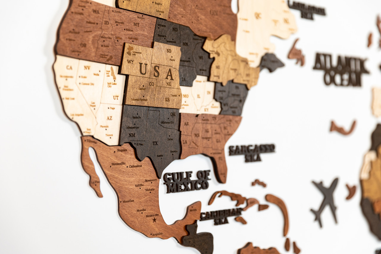 Карта Світу на стіну, дерев'яна багатошарова з країнами та столицями 3д 300х175 см, фото 1