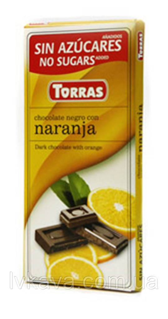 Чорний шоколад Torras з апельсином без цукру , 75 гр