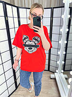 Стильная женская футболка свободного кроя с принтом "Микки Маус" S-M L-XL (42-44 46-48) красная