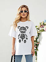 Стильная женская футболка свободного кроя с принтом "Медвежонок" S-M L-XL (42-44 46-48) белая