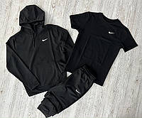 Костюм Nike черный спортивный демисезонный на двунитке , Весенний комплект Найк Штаны + Худи + Футболка черная