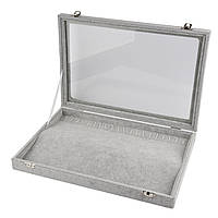 Планшет кейс під склом гірка для ланцюгів і браслетів на 20 гачків із замками сірий велюр розмір 35Х25Х5 см