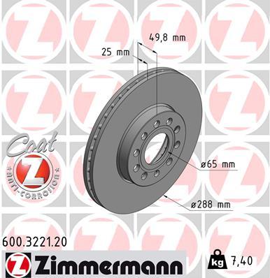 Диск гальмівний ZIMMERMANN 600.3221.20 перед SEAT ALTEA ALTEA XL LEON TOLEDO,SKODA OCTAVIA SUPERB, VW CADD