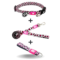 Smart ID Cat Collar Leopard Pink/1 size + Short Leash Leopard Pink/XS + Key Ring Leopard Pink/Tag