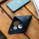 Трикутна монетниця TRIGON із натуральної шкіри ручної роботи з фіксацією на кнопці синя для дрібниці, фото 5