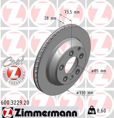 Диск гальмівний ZIMMERMANN 600.3229.20 задній AUDI Q7 3.0TDI 06-, PORSC CAYENNE 3.0TDI 09-, 3.6 07-,VW TOUAREG