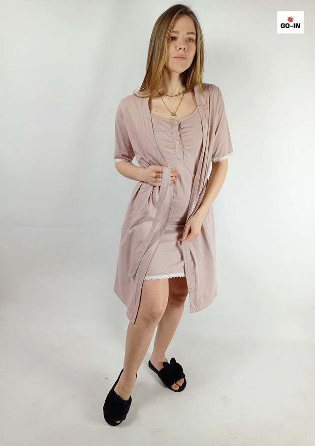 Молодежный комплект женский халат и сорочка для беременных и кормящих бежевый 44-54р.