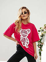 Стильная женская футболка свободного кроя с принтом "Медвежонок" S-M L-XL (42-44 46-48) малиновая