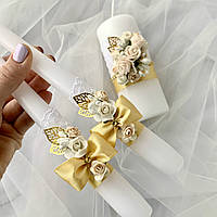 Комплект белых свадебных свечей с золотым декором. Семейный очаг с бантами и цветами