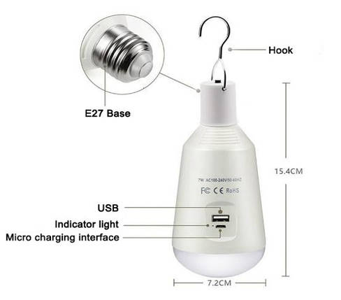 LED Лампа акумуляторна з USB. Функція повербанк (акум. 3,7V/2600 мАг). Цоколь E27 100-265V, фото 2