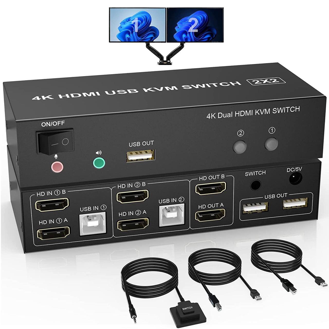 Двухмониторный КВМ-коммутатор HDMI 2 Порт, 4K@60Hz Расширенный Дисплей ...