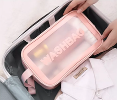 Косметичка органайзер водонепроникна рожева з еко-шкіри Washbag 20х12х 6,5 см, сумка для косметики з ручкою
