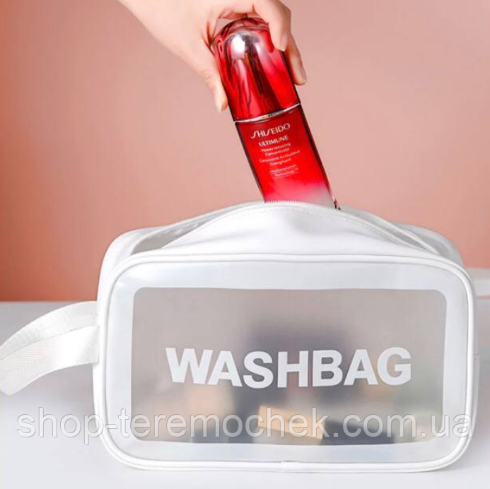 Косметичка органайзер водонепроникна біла з еко-шкіри Washbag 20х12х 6,5 см, сумка для косметики з ручкою, фото 1